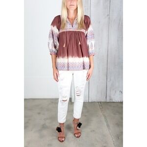 Ulla Johnson Blouse Multicolor Peasant Tie Dye Floral Block Print Pleated Size 4